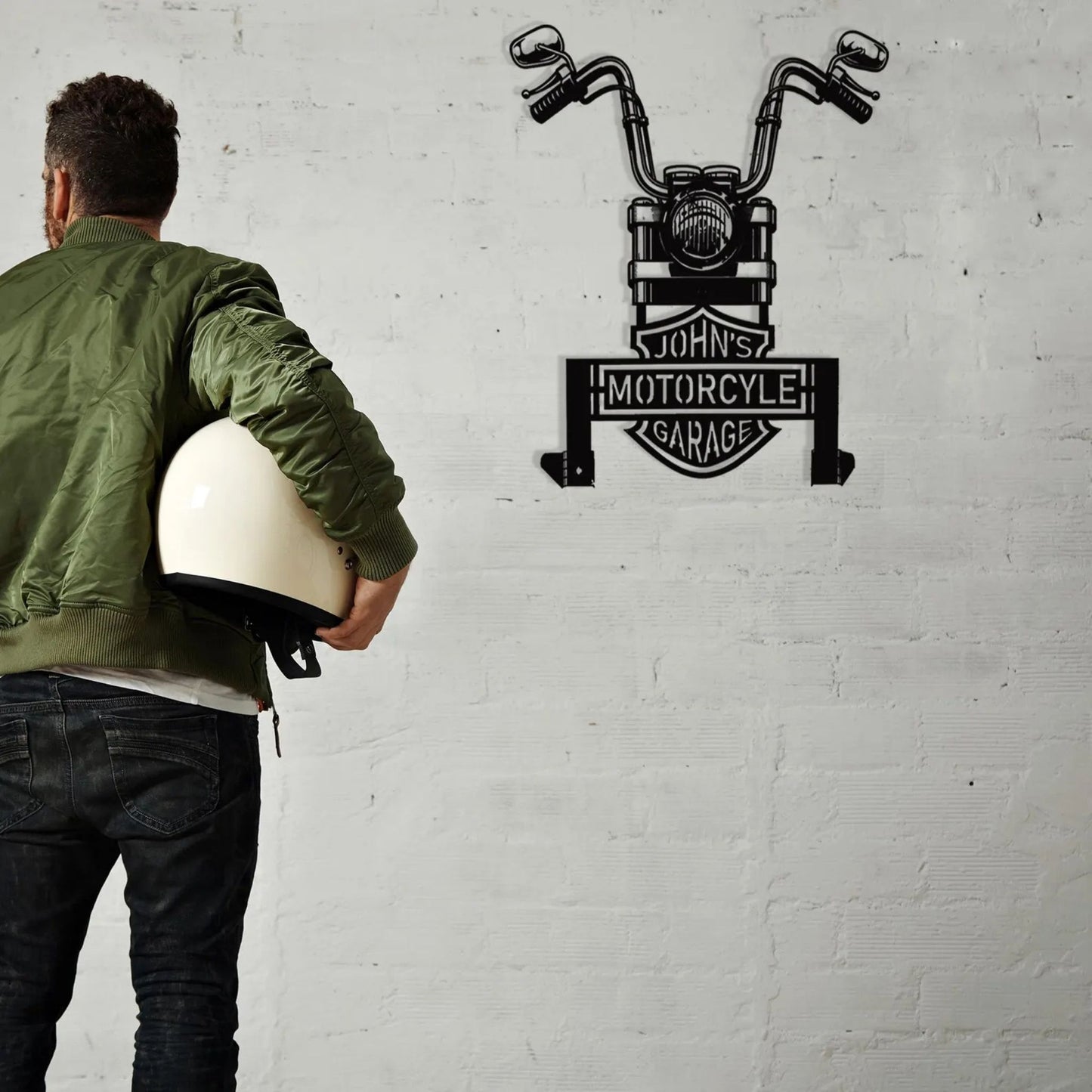 Motorcycle Helmet & Jacket Holder – Custom Metal Wall Art for Garages