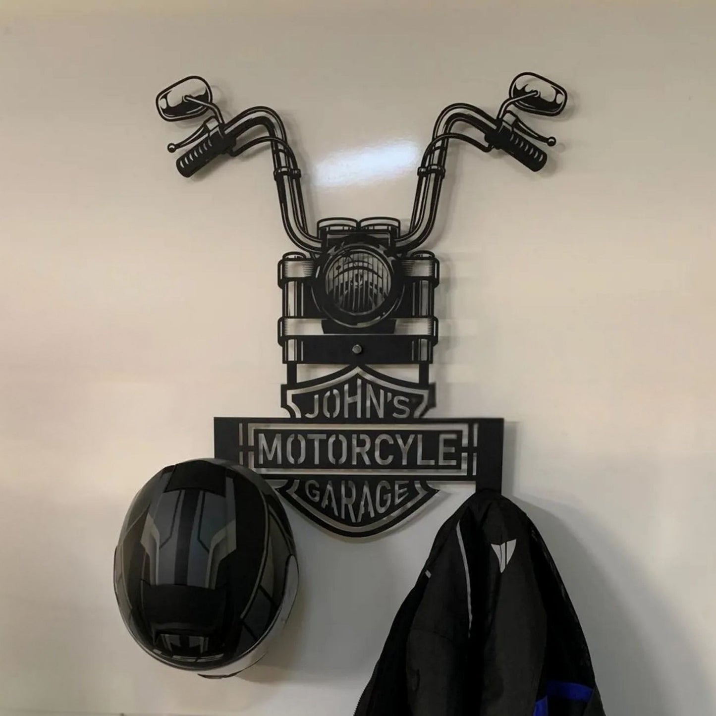 Motorcycle Helmet & Jacket Holder – Custom Metal Wall Art for Garages