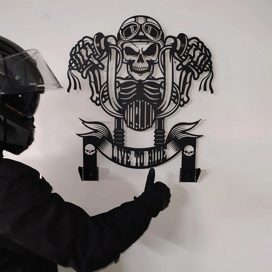 Skull Motorcycle Helmet Holder – Metal Wall Art Decor