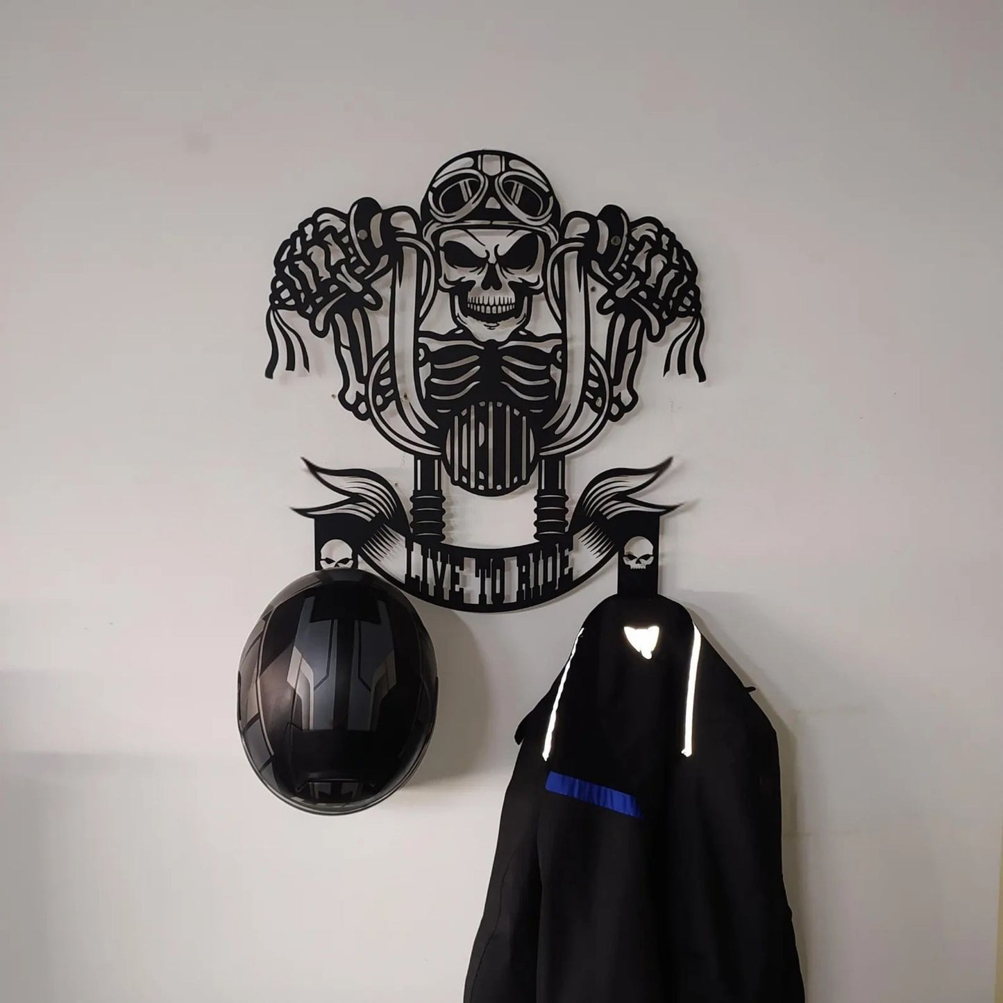 Skull Motorcycle Helmet Holder – Metal Wall Art Decor