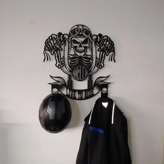 Skull Motorcycle Helmet Holder – Metal Wall Art Decor