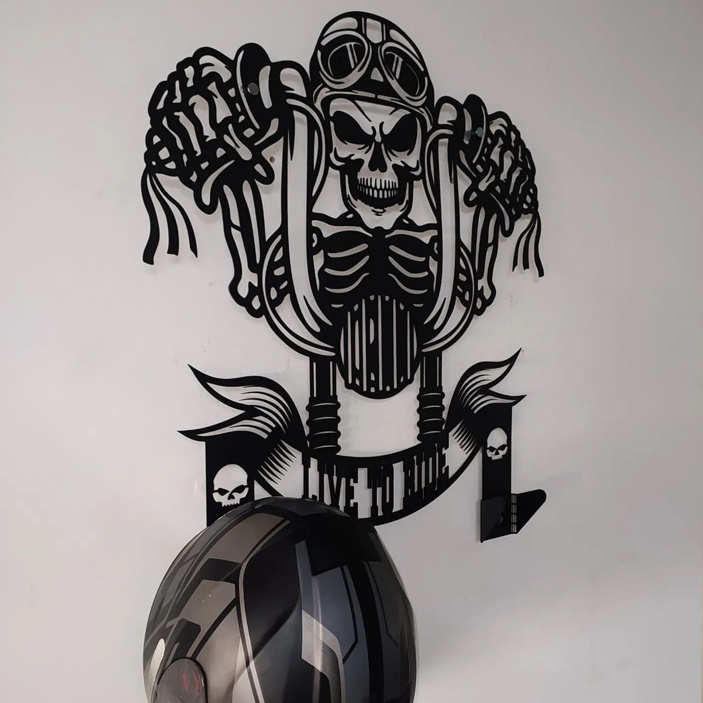 Skull Motorcycle Helmet Holder – Metal Wall Art Decor