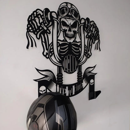Skull Motorcycle Helmet Holder – Metal Wall Art Decor