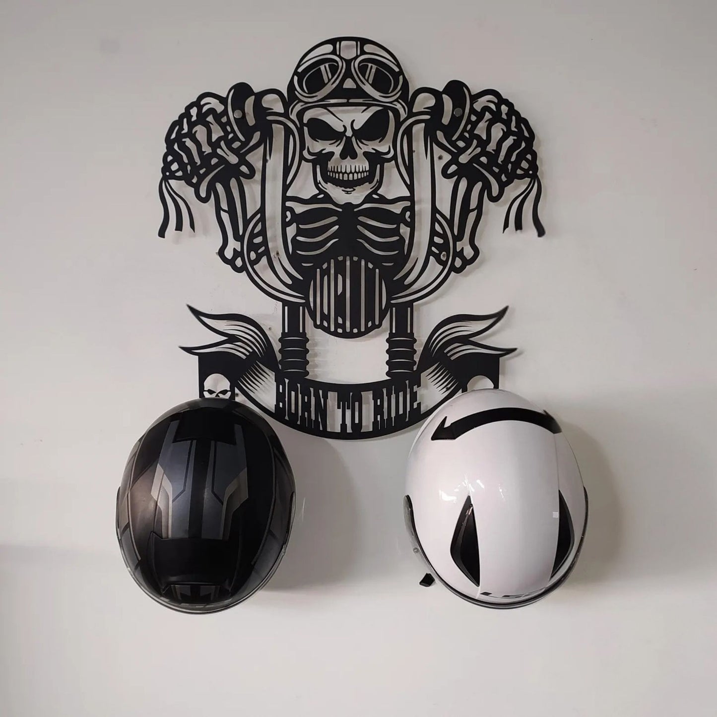 Skull Motorcycle Helmet Holder – Metal Wall Art Decor